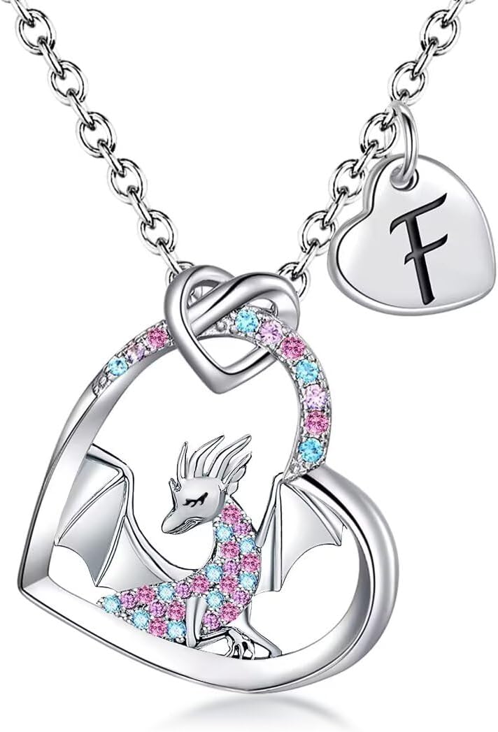 BAOWING Store Dragon Necklace Gifts for Kids Girls Rainbow Dinosaur Animal Pendant Colorful CZ Heart Letter Initial Jewelry Gifts for Daughter Granddaughter Niece Little Teen Girl - Image 1